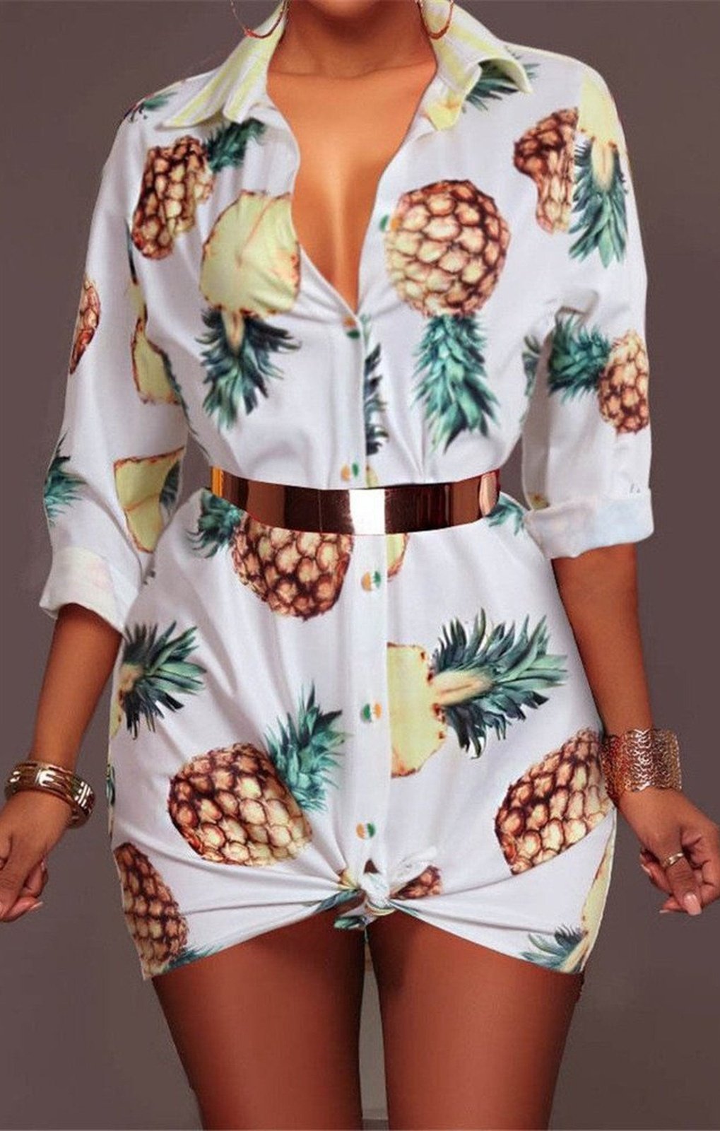 Pineapples print inelastic stylish shirt dress (Without Belt) top