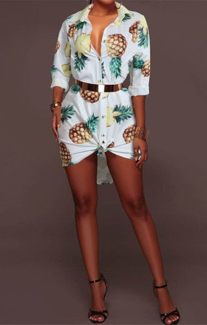 Pineapples print inelastic stylish shirt dress (Without Belt) top