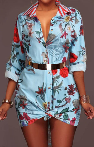 Floral print inelastic stylish shirt dress (Without Belt) top