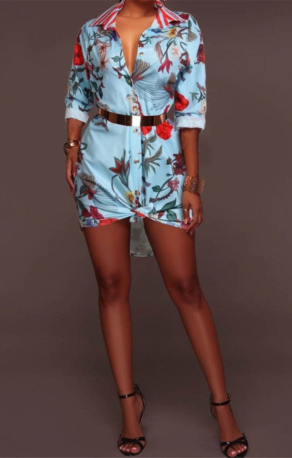 Floral print inelastic stylish shirt dress (Without Belt) top