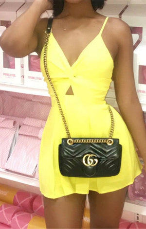Sexy Yellow cut out stretch pleated dress