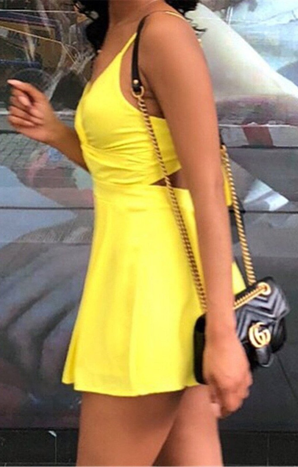 Sexy Yellow cut out stretch pleated dress