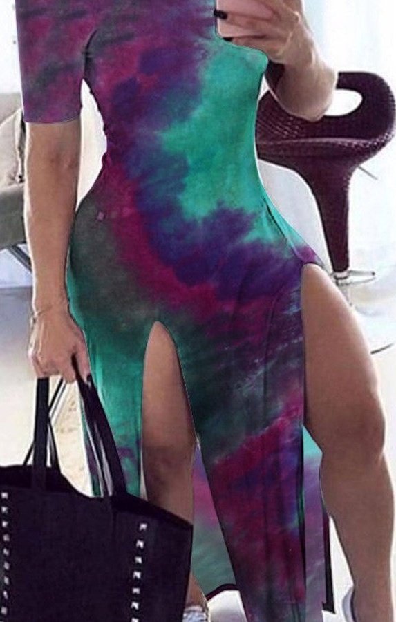 Tie-dye batch printing off-shoulder stretch high split dress