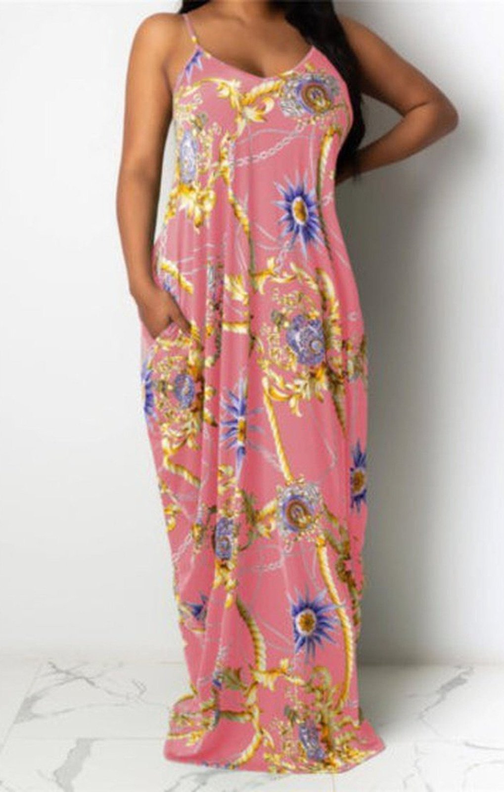 (5 COLORS ) printed pockets sling summer stretch maxi dress
