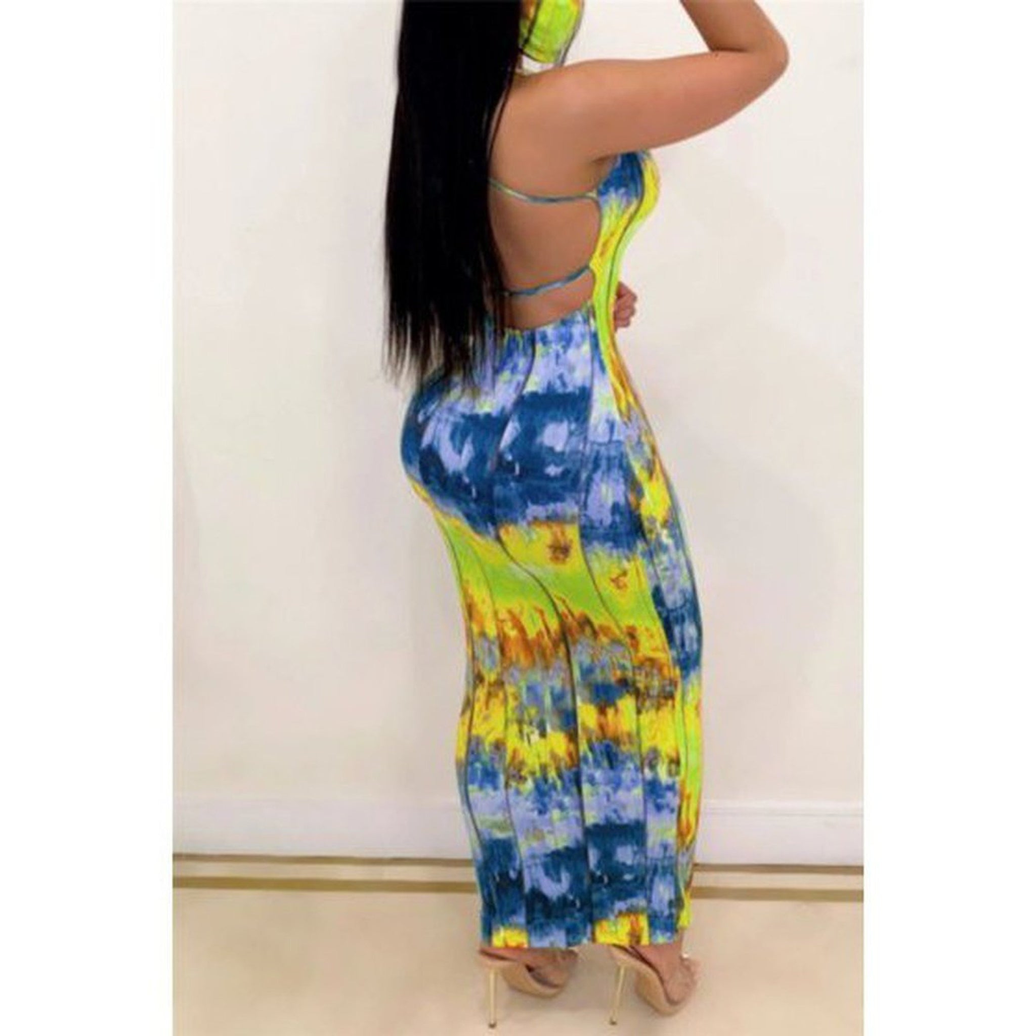 Tie-dye printing open back with face-cover stretch Dress (MANY COLORS)
