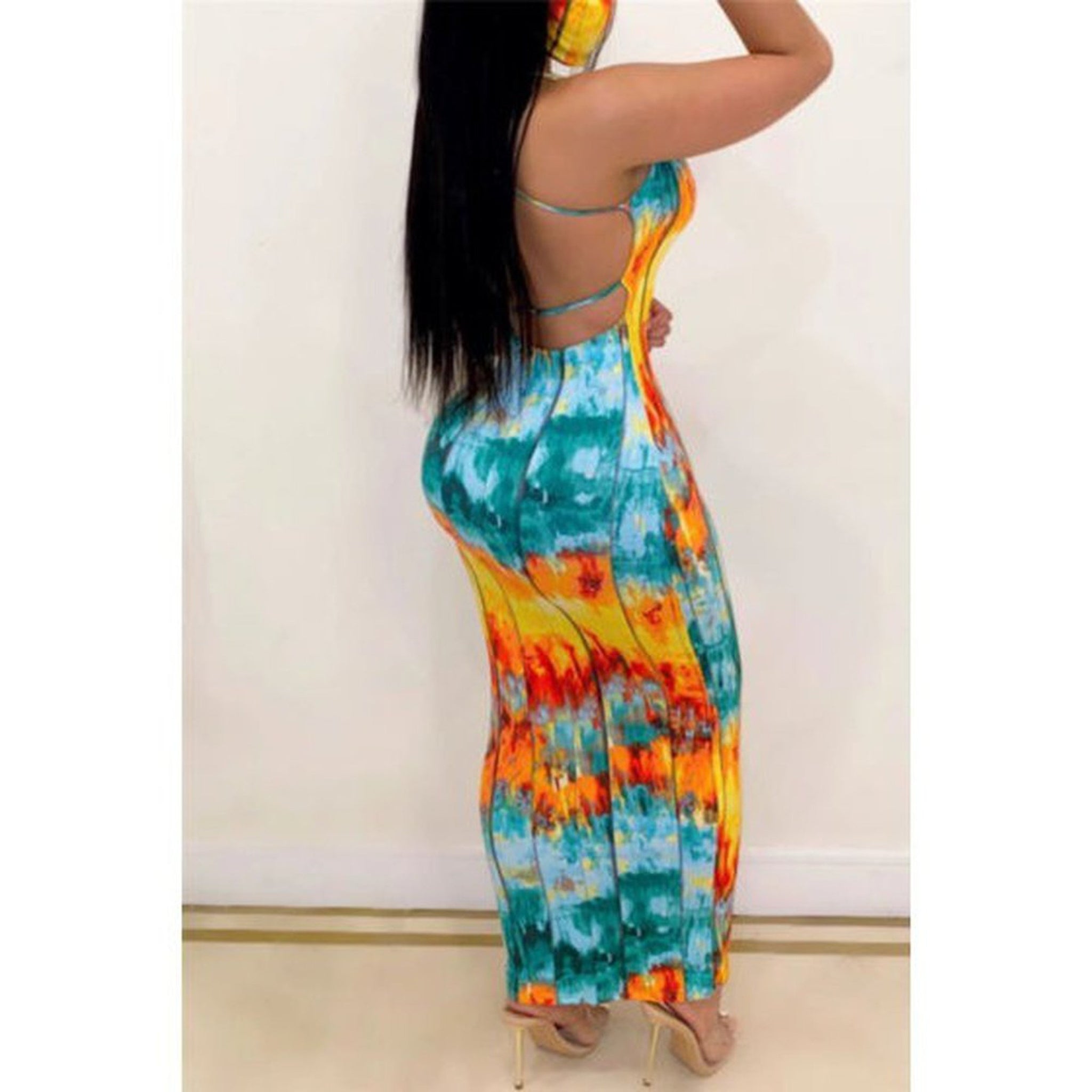 Tie-dye printing open back with face-cover stretch Dress (MANY COLORS)
