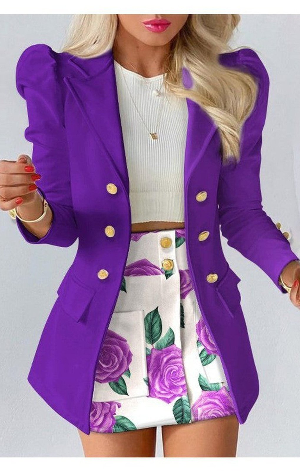 Puff Sleeve Double Breasted Blazer & Floral Print Skirt Set (Many Colors)