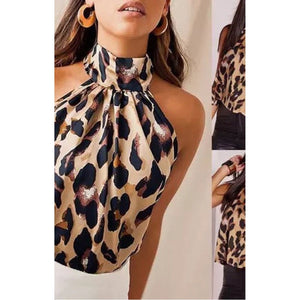 Leopard Print Halter Neck T-shirt Tops