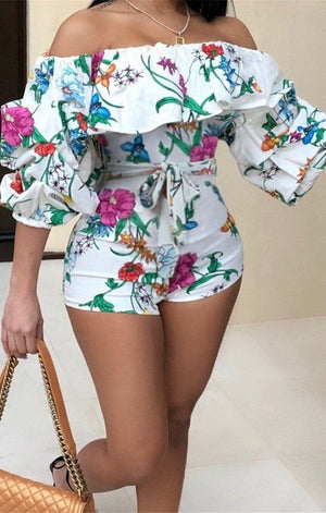Floral print stretch strapless ruffle stylish fit jumpsuit set with belt