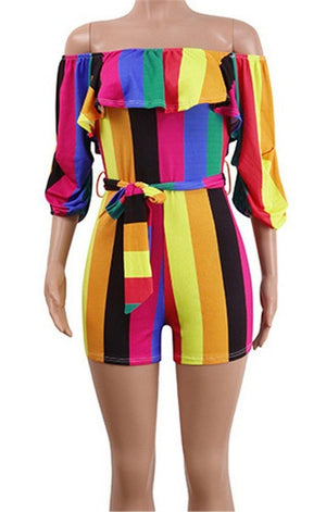 Multicolor stripes print stretch strapless ruffle stylish fit jumpsuit with belt