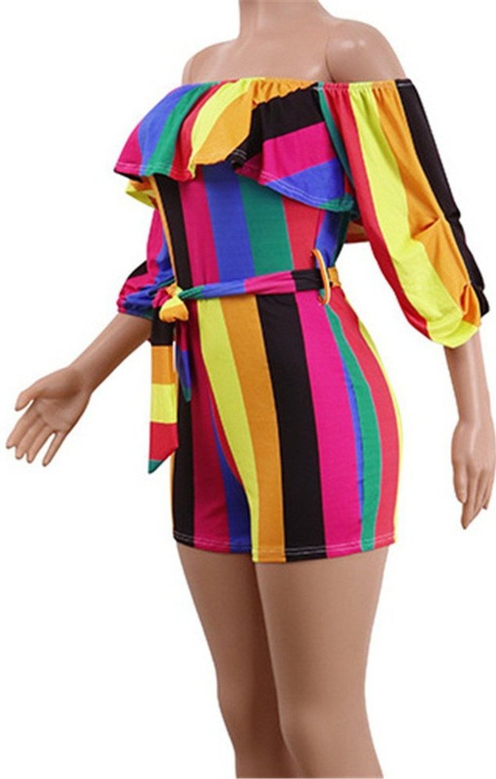 Multicolor stripes print stretch strapless ruffle stylish fit jumpsuit with belt