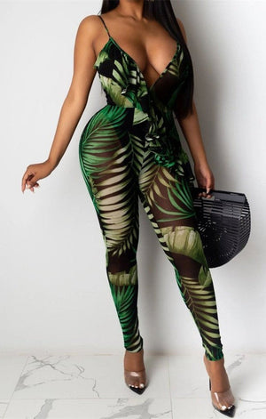 Leaves print micro see through stretch ruffle sexy tight jumpsuit