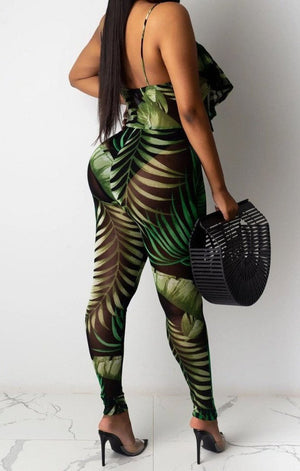 Leaves print micro see through stretch ruffle sexy tight jumpsuit