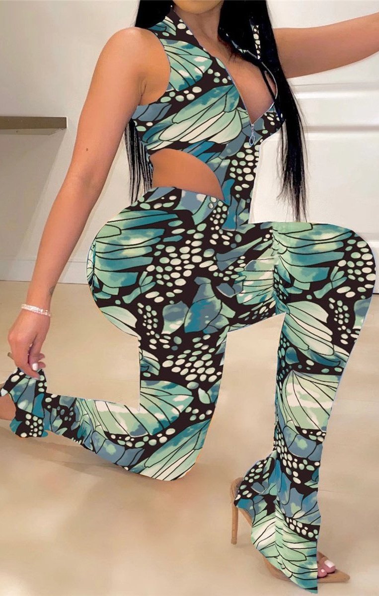 Printed zip-up bodysuit with tight pants two-piece set