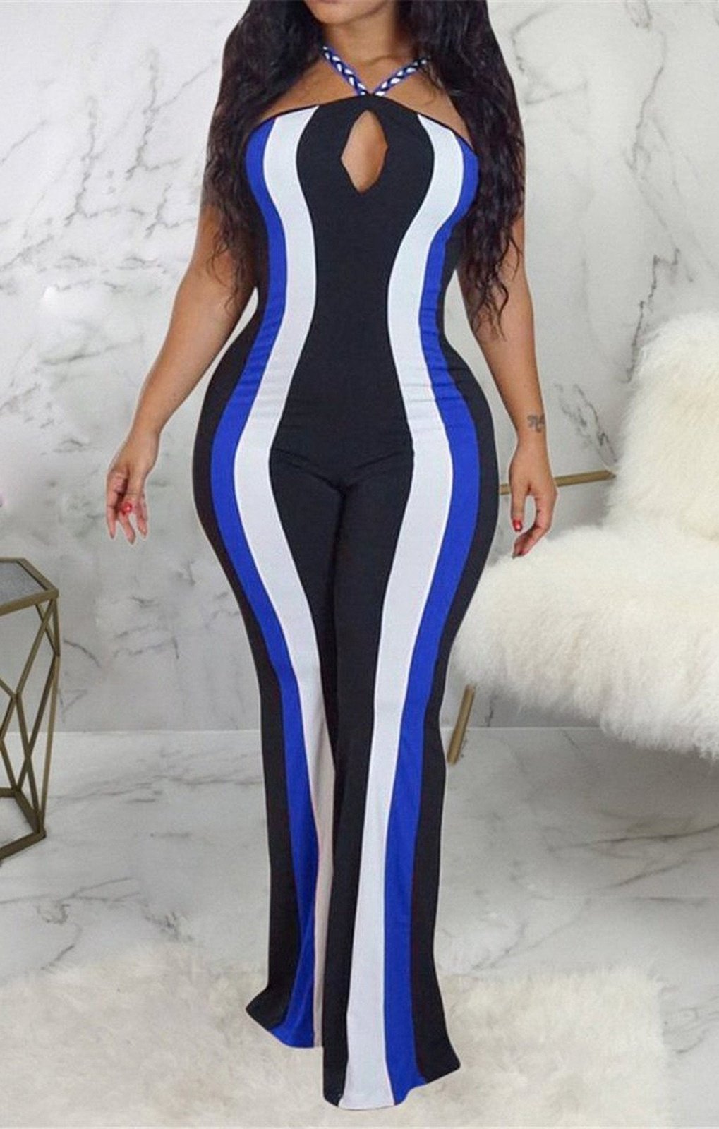 Contrast color stripes hollow out sling wide leg stretch jumpsuit