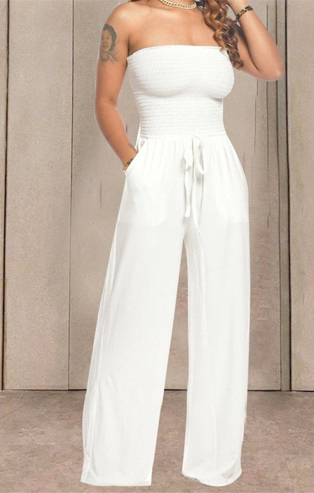 Pockets strapless wide leg stretch jumpsuit (MANY COLORS)