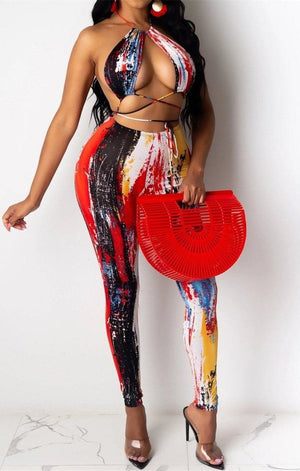 Tie-dye batch printing open back laced stretch two-piece set (TWO COLORS)