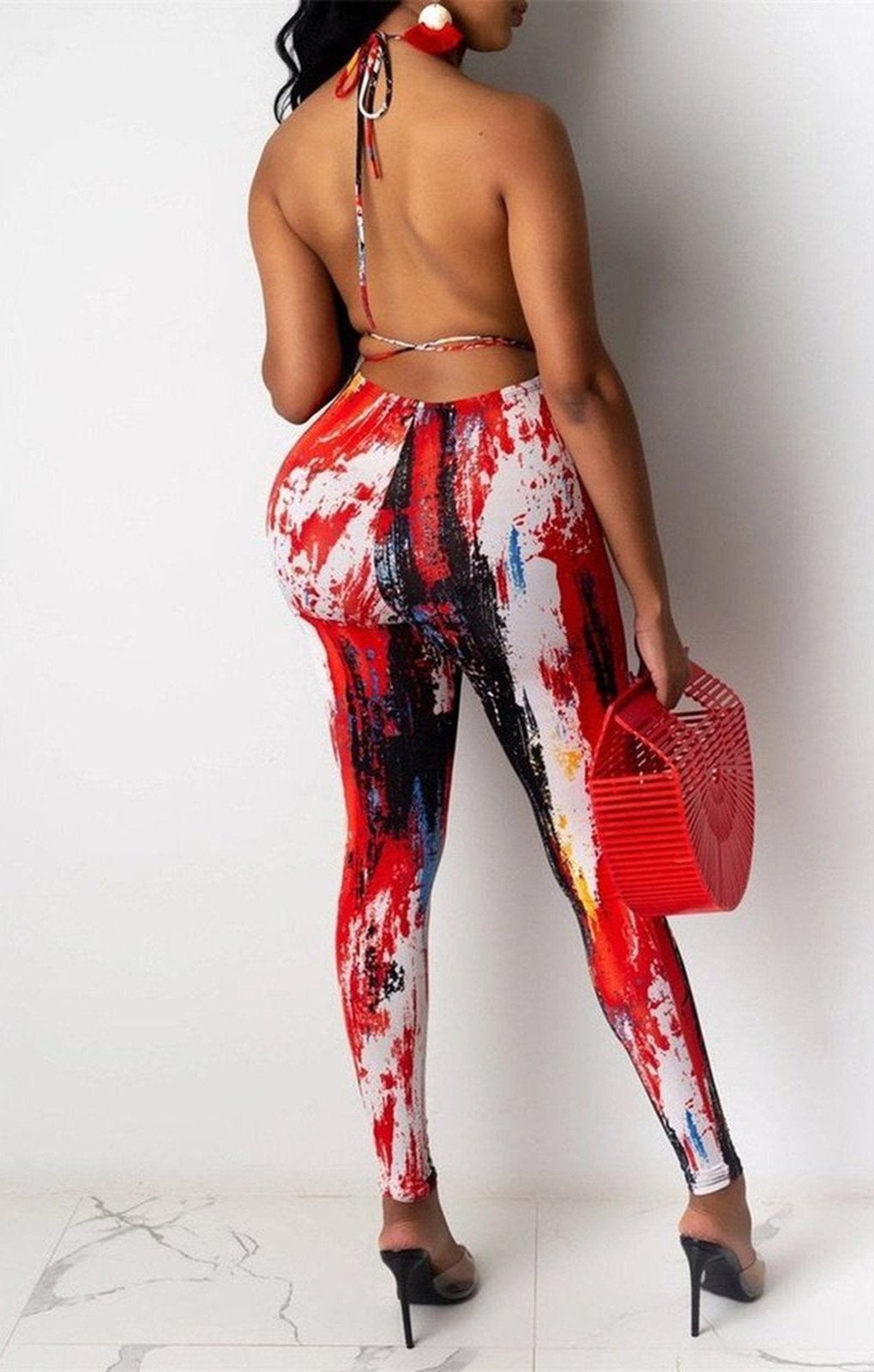 Tie-dye batch printing open back laced stretch two-piece set (TWO COLORS)