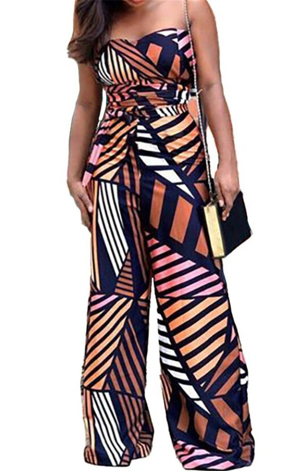 Printed strapless summer stretch jumpsuit (with belt)