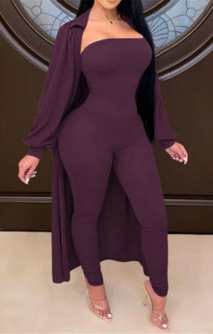 Solid color strapless jumpsuit with cardigan stretch two-piece set (MANY COLORS)