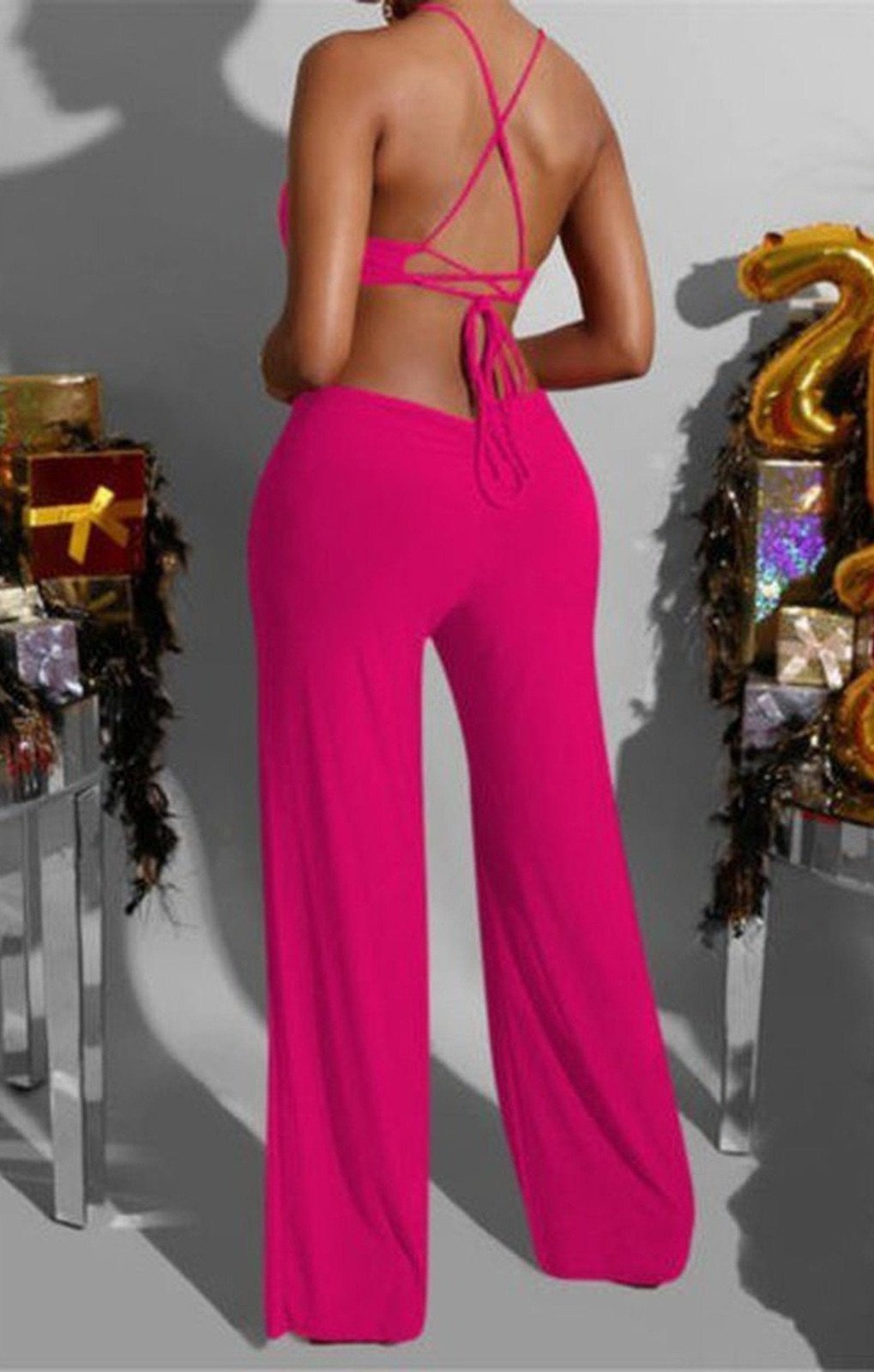 Dolid color stretch backless lace-up wide-leg stylish jumpsuit