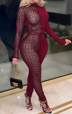 Mesh see through tight jumpsuit with belt (TWO COLORS)