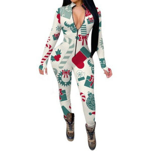 Christmas patterns zip-up thumb hole stretch tight jumpsuit