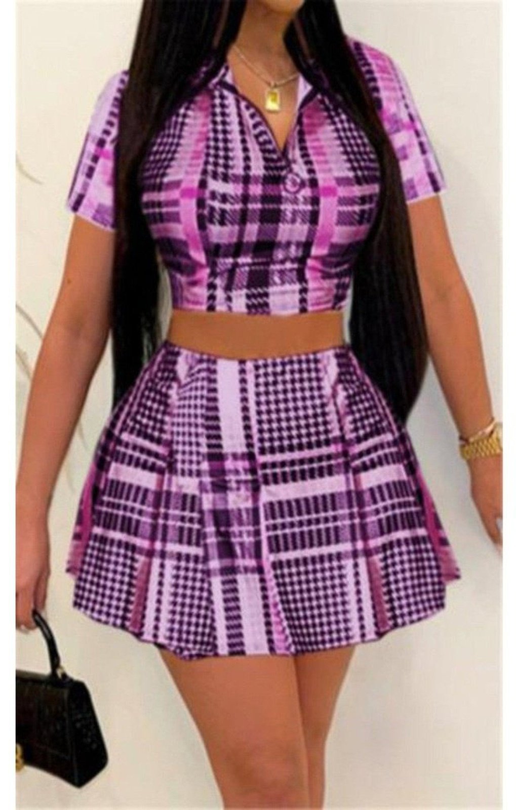 Zip-up pleated skirt sexy two-piece set
