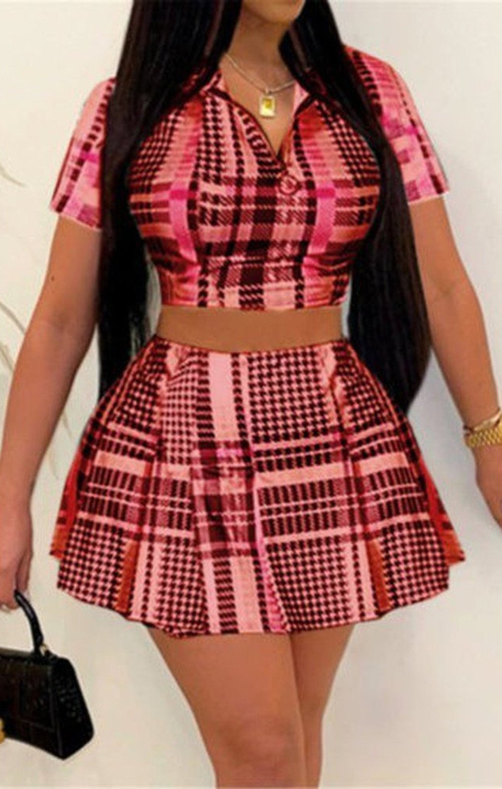 Zip-up pleated skirt sexy two-piece set