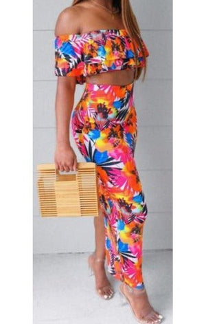 Multicolor printed off shoulder with split skirt fashion two-piece set