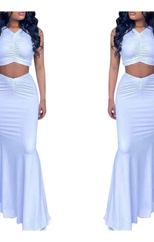 White Crop Top Long Skirts Two Piece Set
