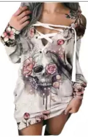 Halloween Skull Floral Print Eyelet Lace-up Casual Top Dress (Many Colors)