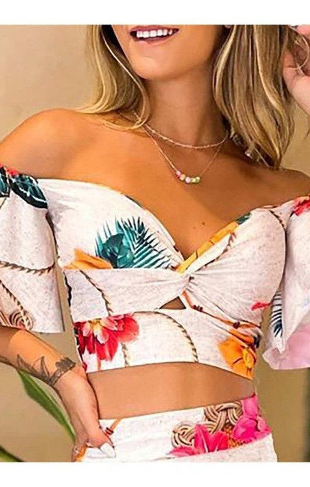 Tropical Print Twisted Crop Top & Slit Skirt Set