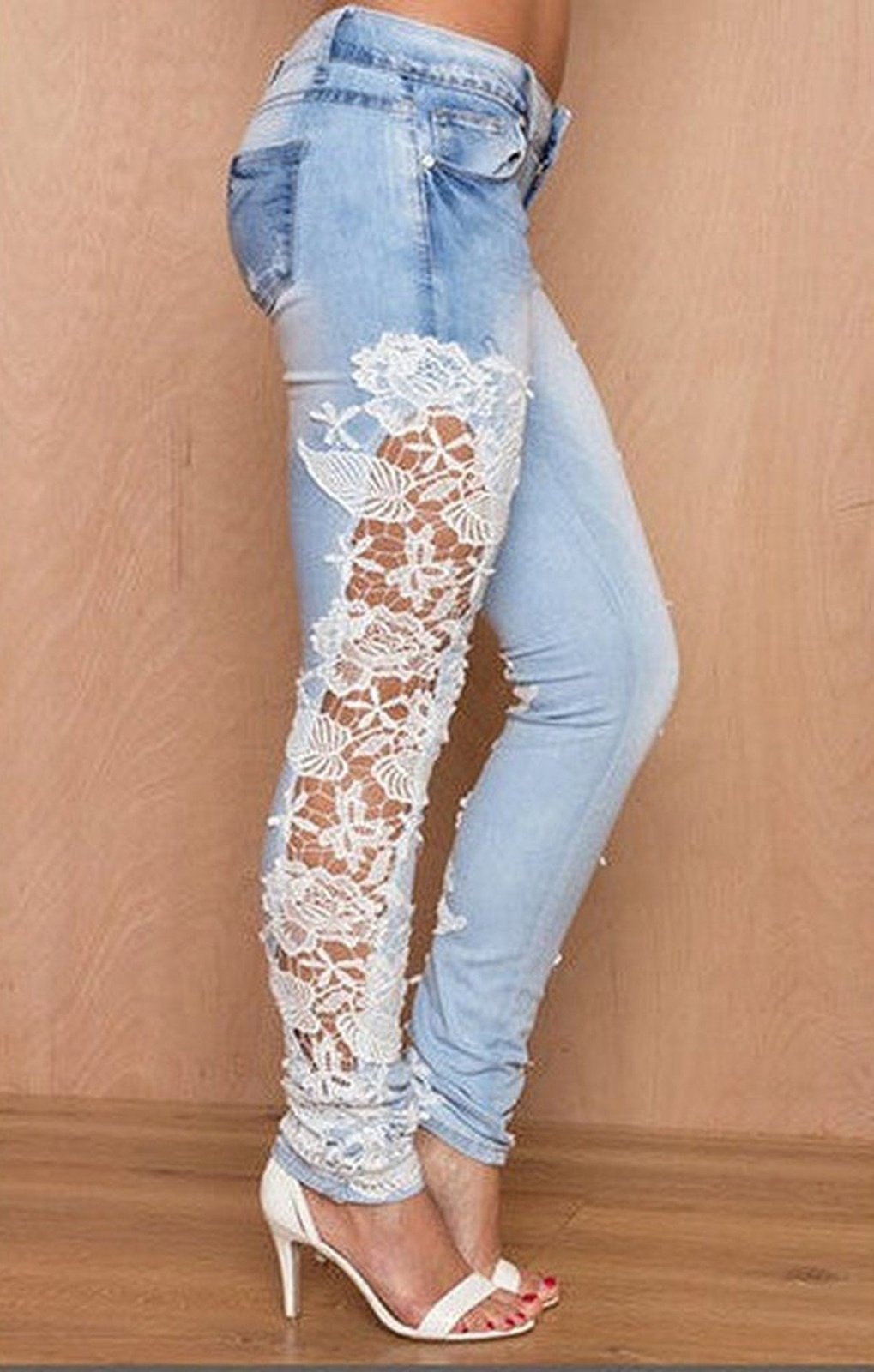 Women's Lace Trimmed Jeans - Pale Blue