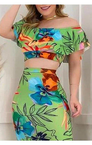 Tropical Print Off Shoulder Ruffle Hem Crop Top & Skirt Set