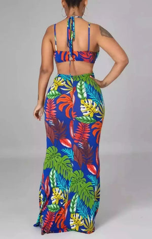 Summer new plus size stretch leaves batch printing hollow halter neck lace-up slim sexy fishtail maxi dress