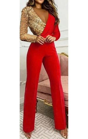 Red and Gold Sequin Long Sleeve Jumpsuit