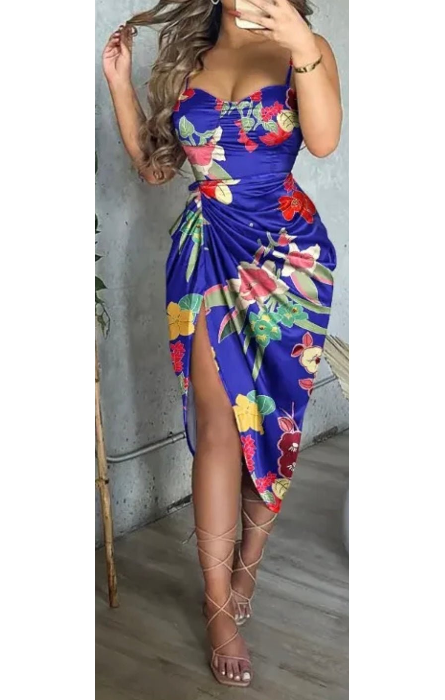 Floral Spaghetti Strap Ruched Slit Party Dress