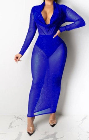 See through mesh stretch V-neck sexy hot maxi dress (Without lining)