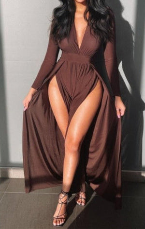 Solid color stretch deep v zip-up back high-slit sexy stylish maxi dress