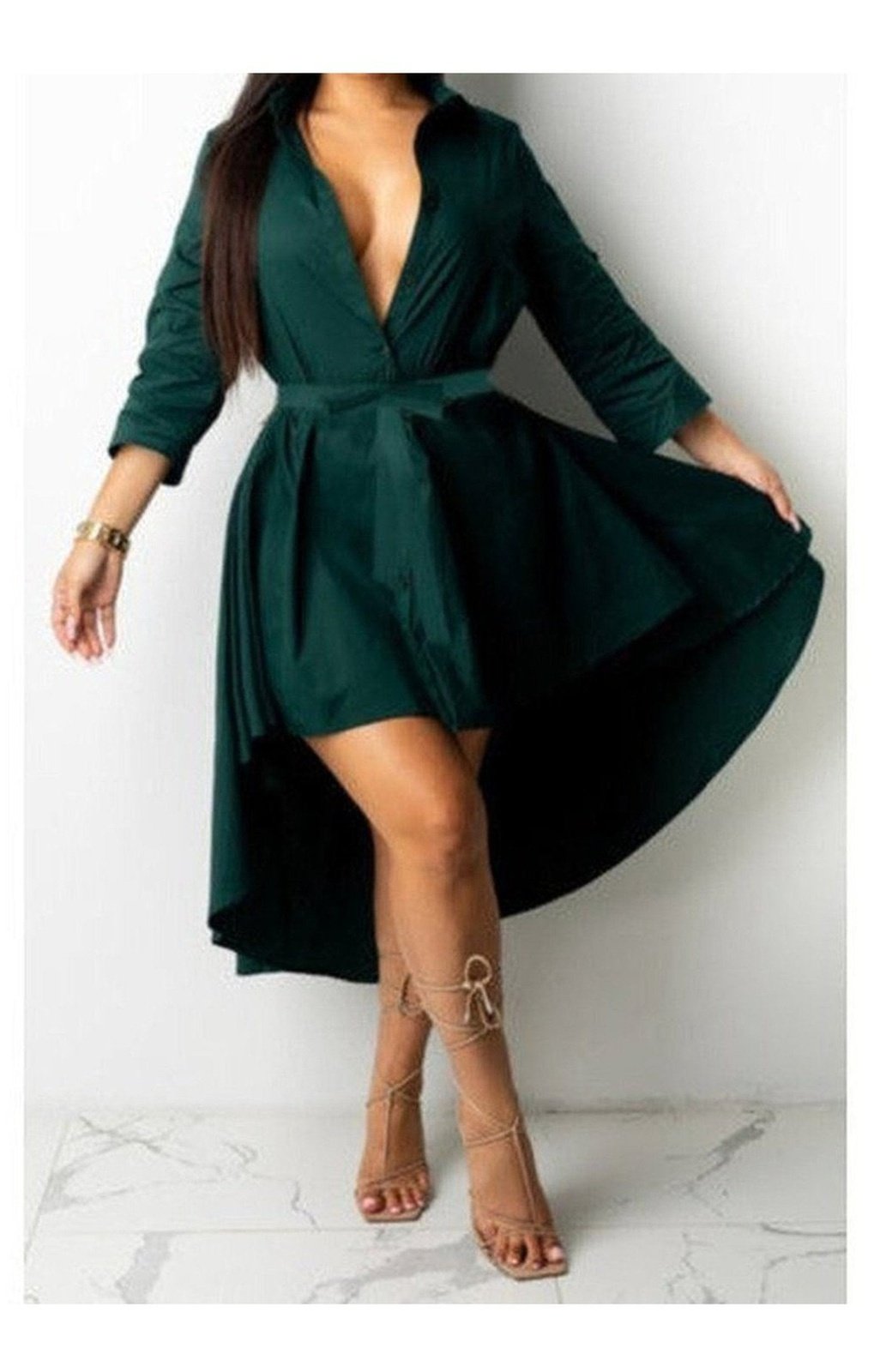 Solid color single breasted three-quarter sleeve new stylish inelastic midi dress (with belt)(3 COLORS)