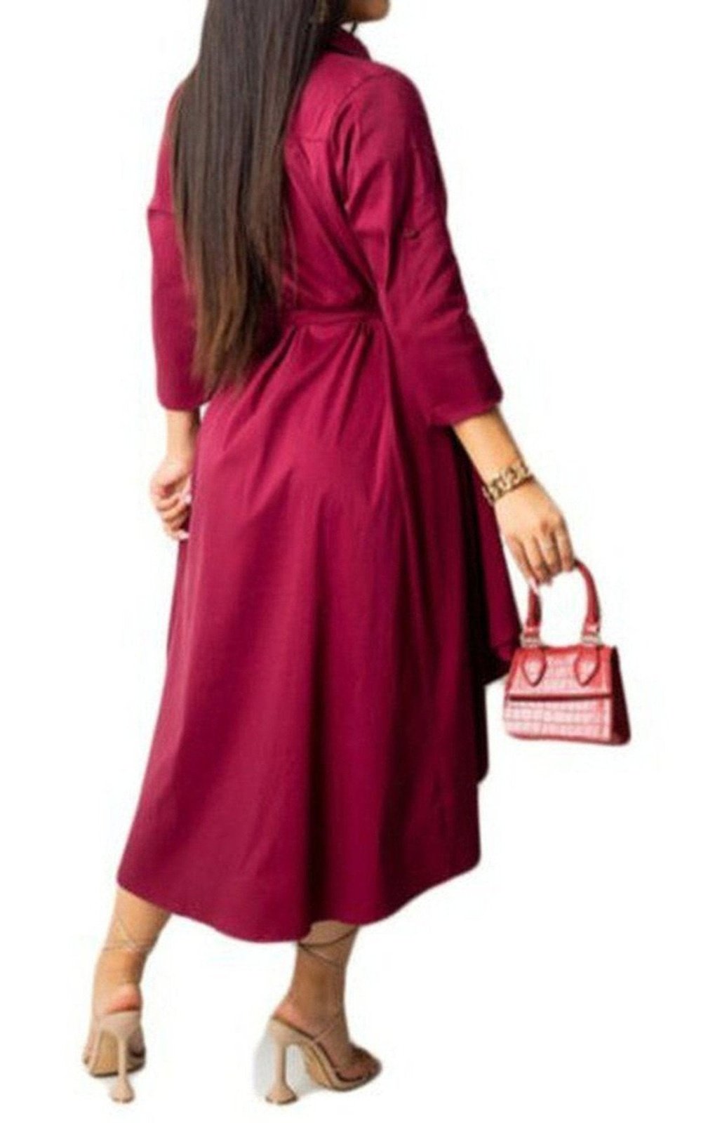 Solid color single breasted three-quarter sleeve new stylish inelastic midi dress (with belt)(3 COLORS)