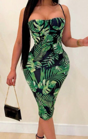 Leaf batch printed see through mesh stretch adjustable straps  sexy bodycon midi dress (Without lining)