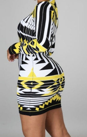 Printed zip-up stylish casual bodycon mini dress (front and back are wearable)