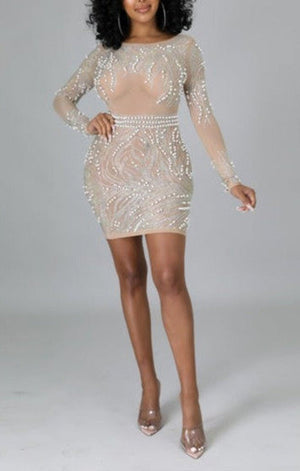 Mesh see through rhinestone pearl hollow out stretch sexy mini dress (2 COLORS)