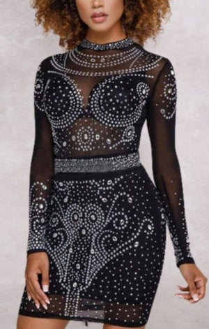 Rhinestone decor new stylish mesh see through sexy stretch mini dress (without lining)