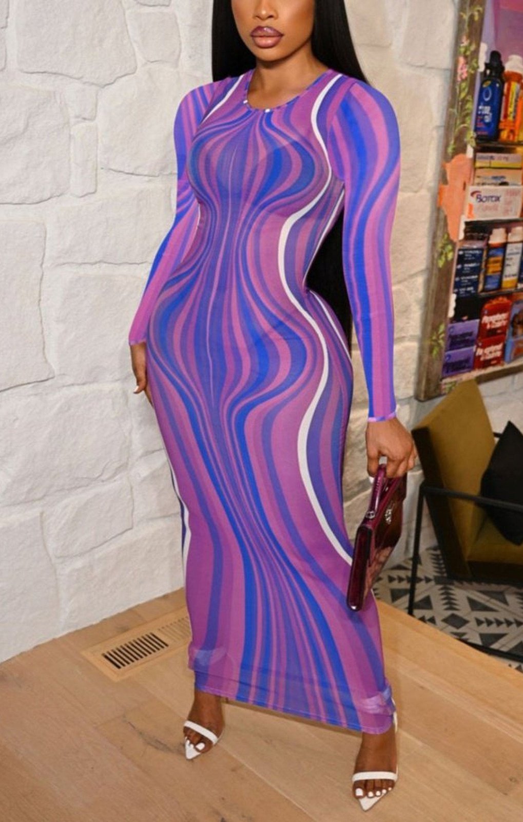 Mesh see through corrugated printing sexy maxi dress
