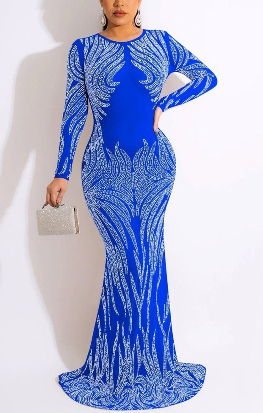 Rhinestone mesh see-through zip-up stretch plus size sexy maxi dress (3 Colors)