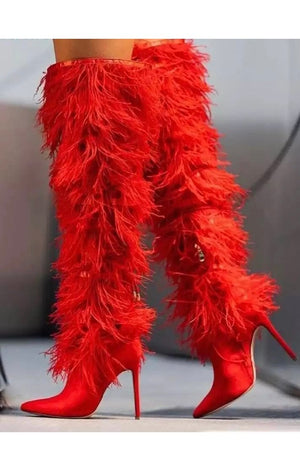 Red Over The Knee Heel Furry Boots