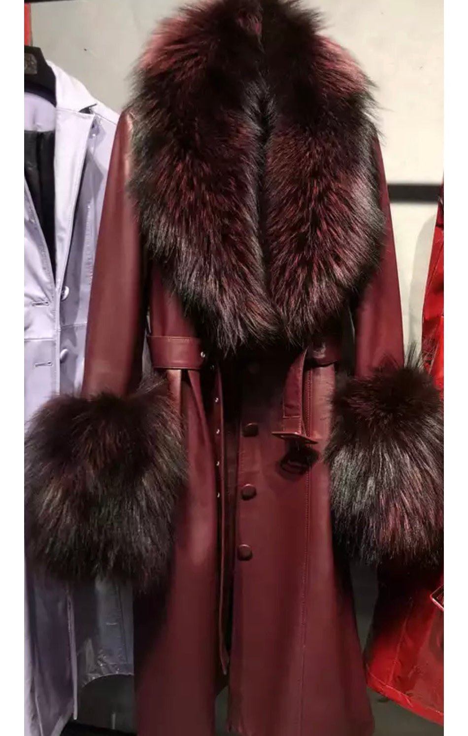 Extra Colors Genuine Leather long Winter fur collar and Wrist Cuff stylish thick jacket wiith belt Plus Sizes Available ( Many COLORS) (Many Sizes)